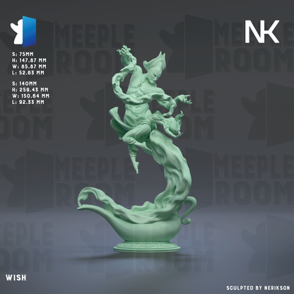 The image is a 3D rendering of a statue of a person in a dynamic pose, with a large, flowing figure in the background. The statue appears to be made of a green material and is displayed against a dark background.