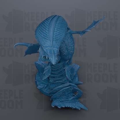 A blue, 3D-rendered dragon figurine is shown against a dark background with repeated text.