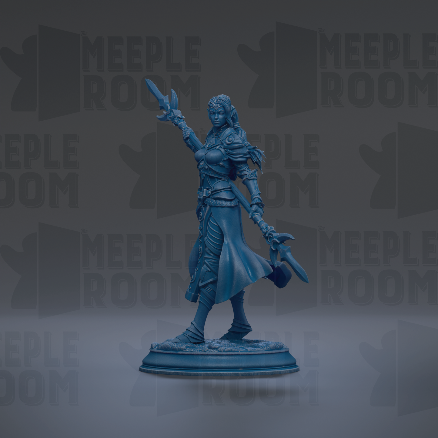 A blue figurine of a woman with a sword and shield stands on a pedestal against a dark background with repeated text.