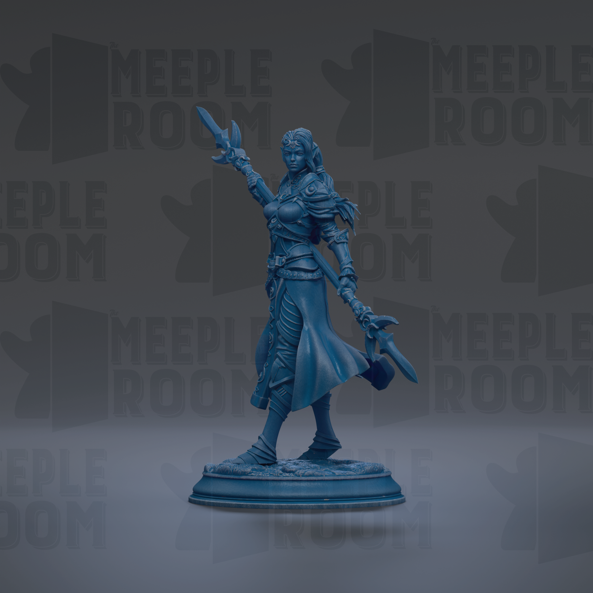 A blue figurine of a woman with a sword and shield stands on a pedestal against a dark background with repeated text.