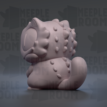 A 3D rendering of a small, cartoonish-looking creature with a large head and spikes on its back, sitting on its hind legs.