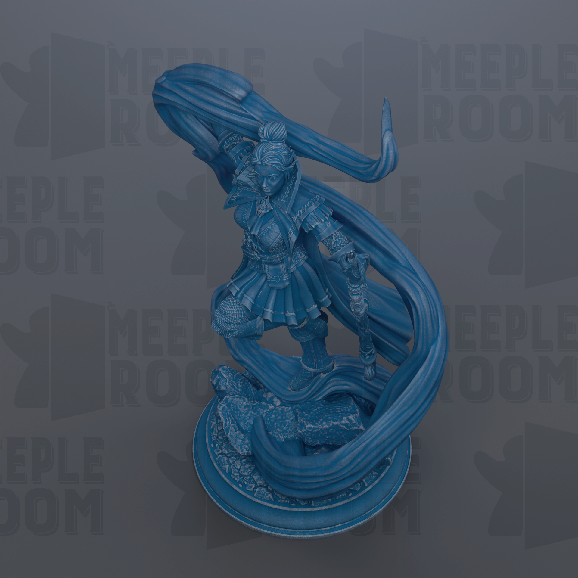 A blue figurine of a person with a flowing cape, standing on a base with rocks, against a dark background with repeated text.