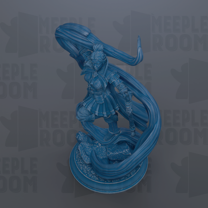 A blue figurine of a person with a flowing cape, standing on a base with rocks, against a dark background with repeated text.