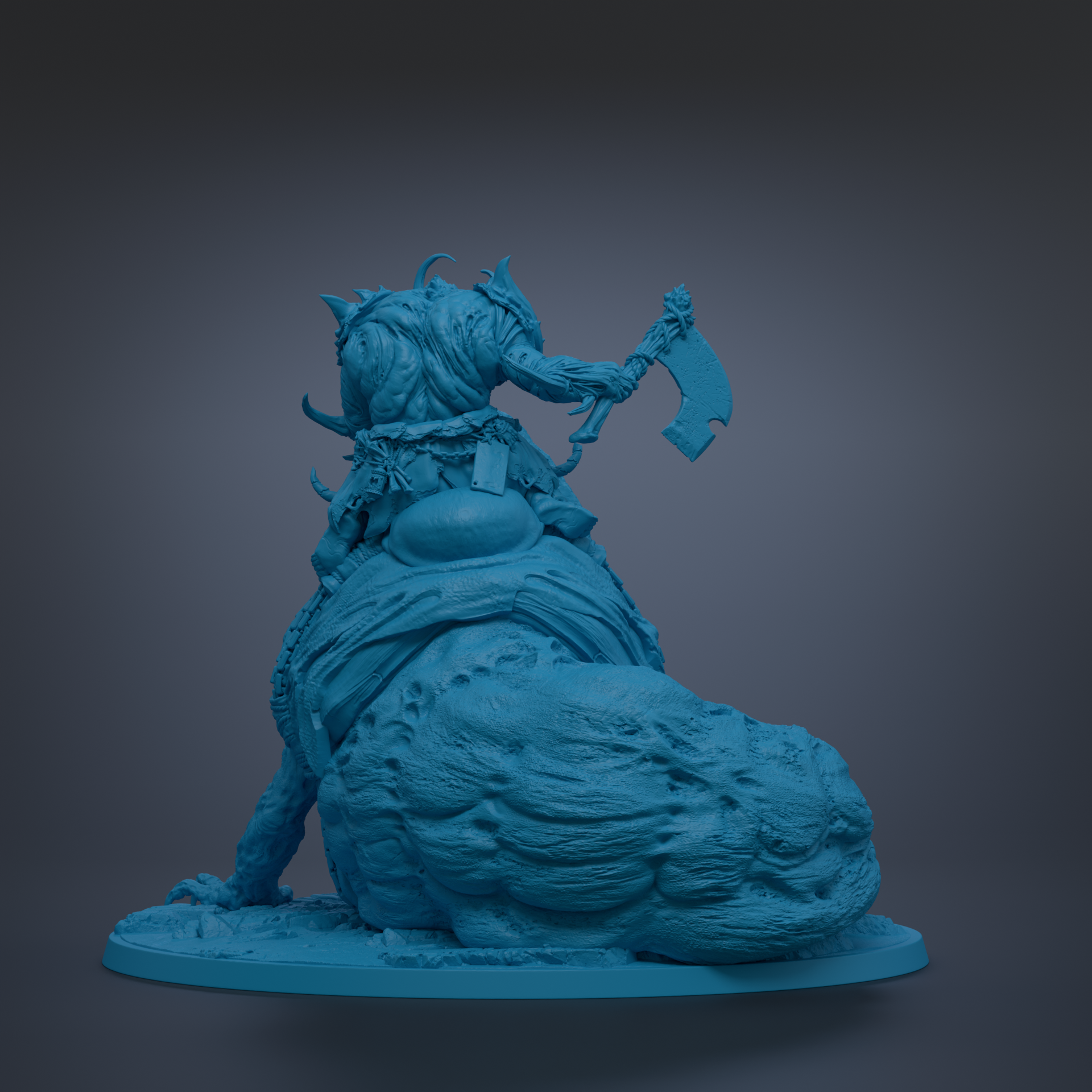A blue 3D model of a fantastical creature, possibly a dragon or serpent, with a large weapon in its hands.