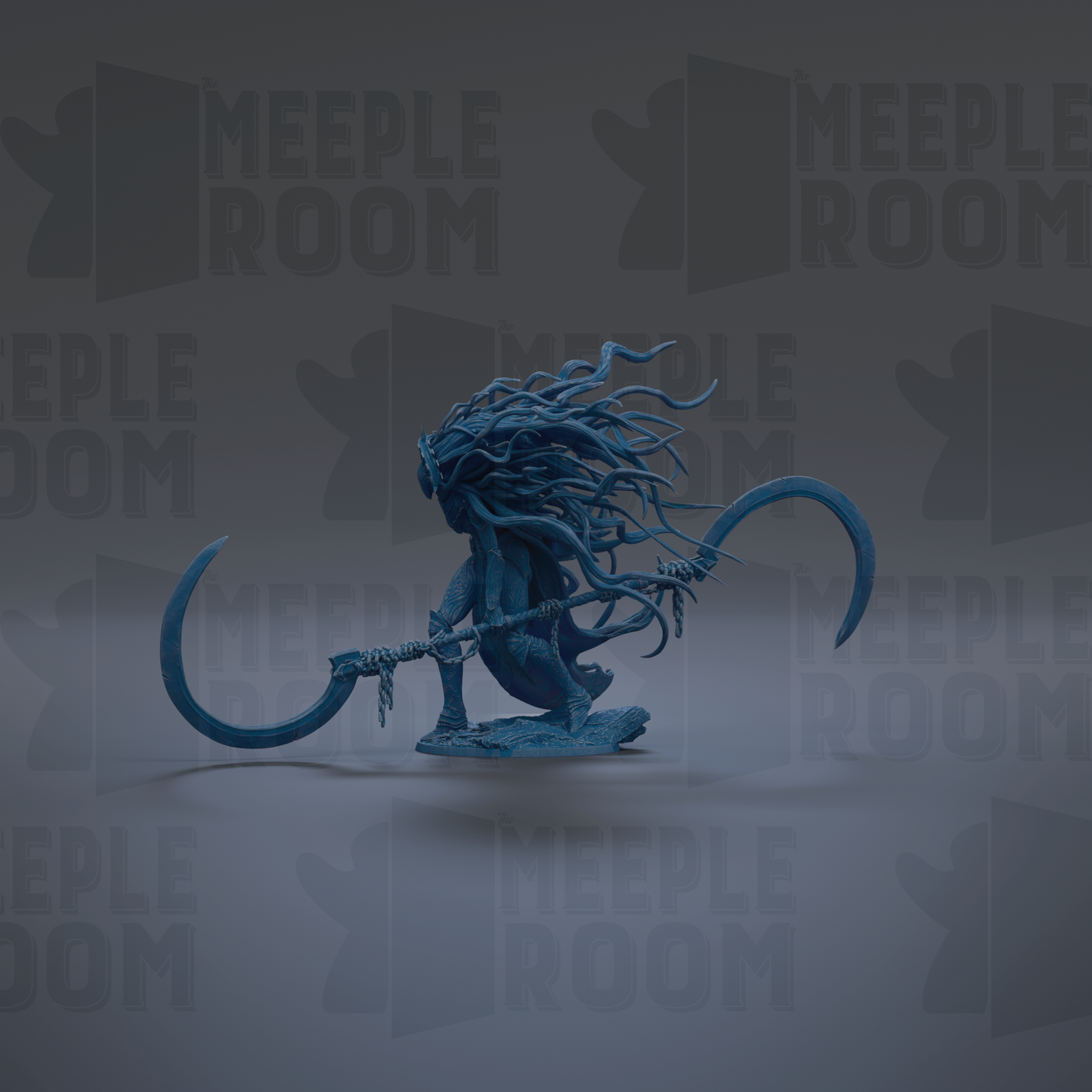 A blue, fantastical creature with long, flowing hair and a large, curved weapon is depicted in the image.