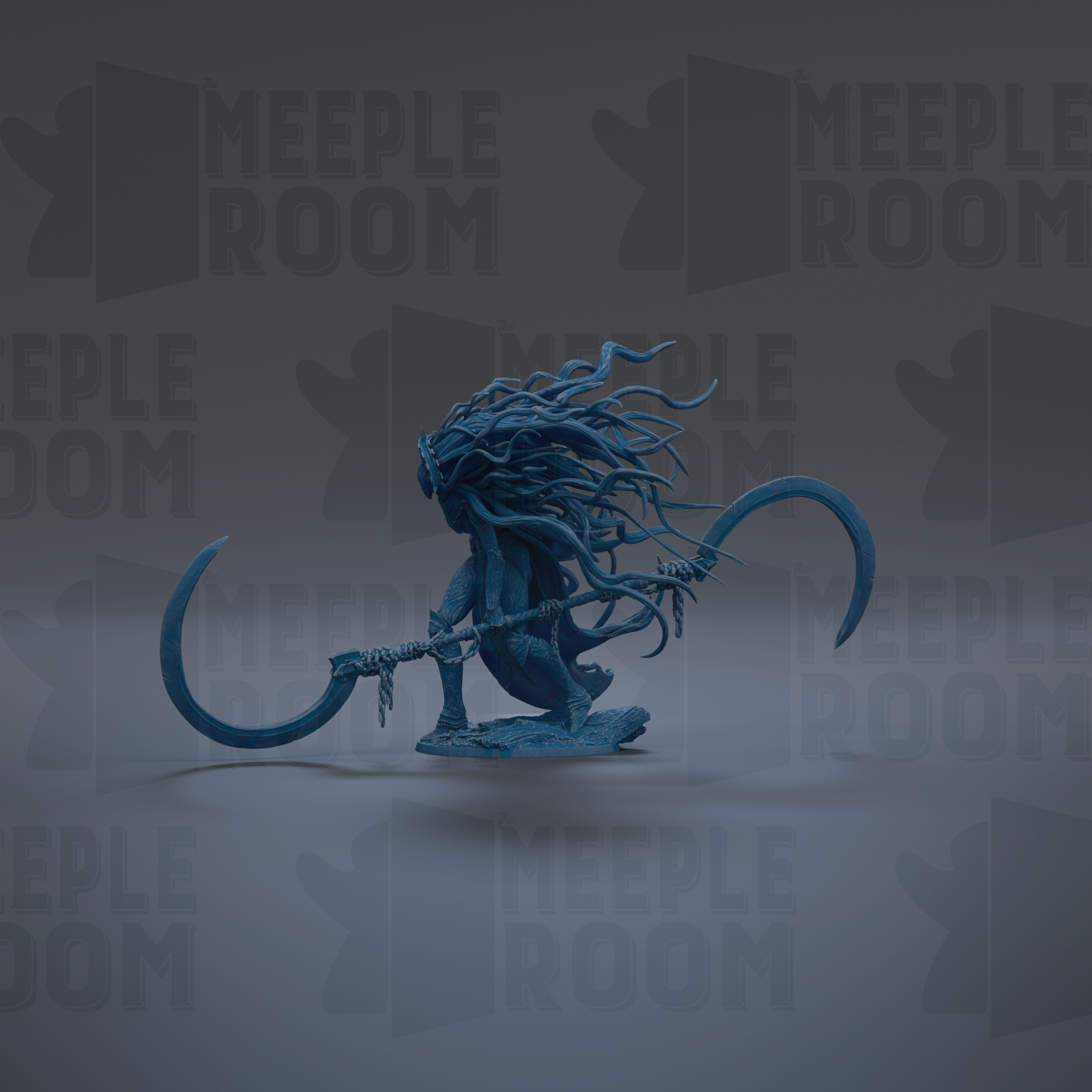 A blue, fantastical creature with long, flowing hair and a large, curved weapon is depicted in the image.