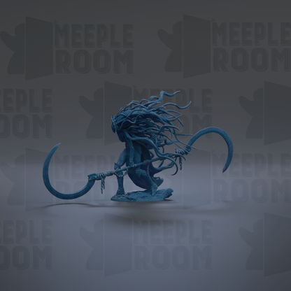 A blue, fantastical creature with long, flowing hair and a large, curved weapon is depicted in the image.