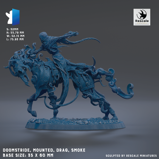 The image is a 3D rendering of a sculpted figure, likely a character or deity, mounted on a dragon-like creature. The figure appears to be in a dynamic pose, with a long, flowing cape or cloak. The base size of the figure is 35 x 60 mm. The image is described as a "DOMSTRIDE, MOUNTED, DRAG, SMOKE" and is created by "RESCALE MINIATURES".