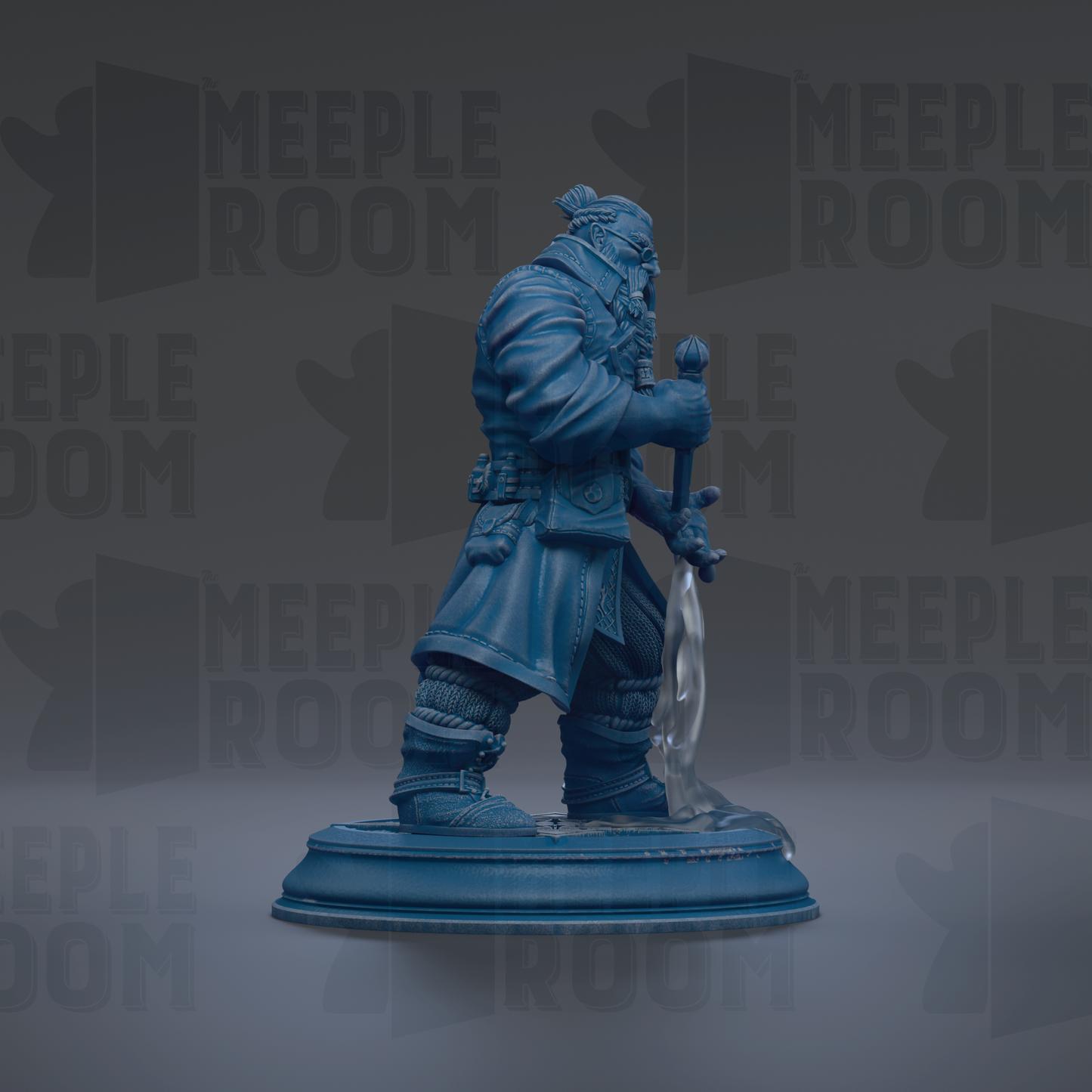 A blue statue of a person holding a sword and shield, standing on a pedestal against a dark background with repeated text.