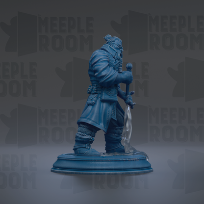 A blue statue of a person holding a sword and shield, standing on a pedestal against a dark background with repeated text.