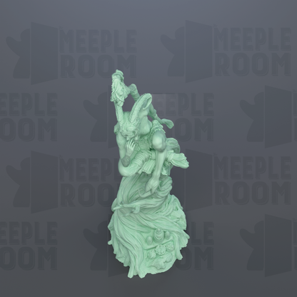 A green, abstract sculpture with flowing, organic shapes and forms, set against a dark background with repeated text.