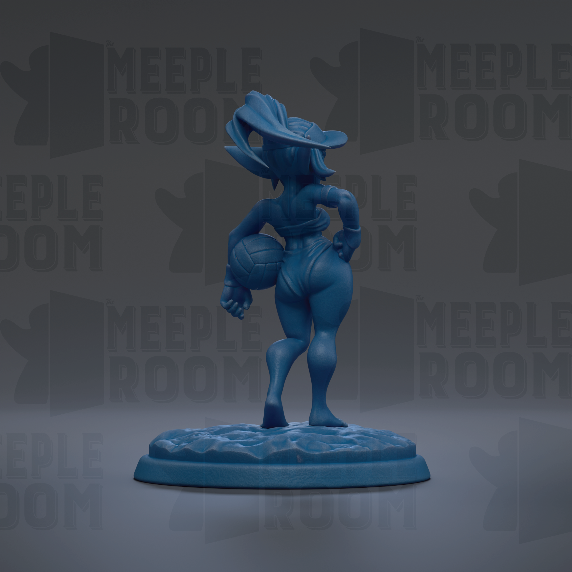 A blue figurine of a woman holding a volleyball, standing on a base, against a dark background with repeated text.