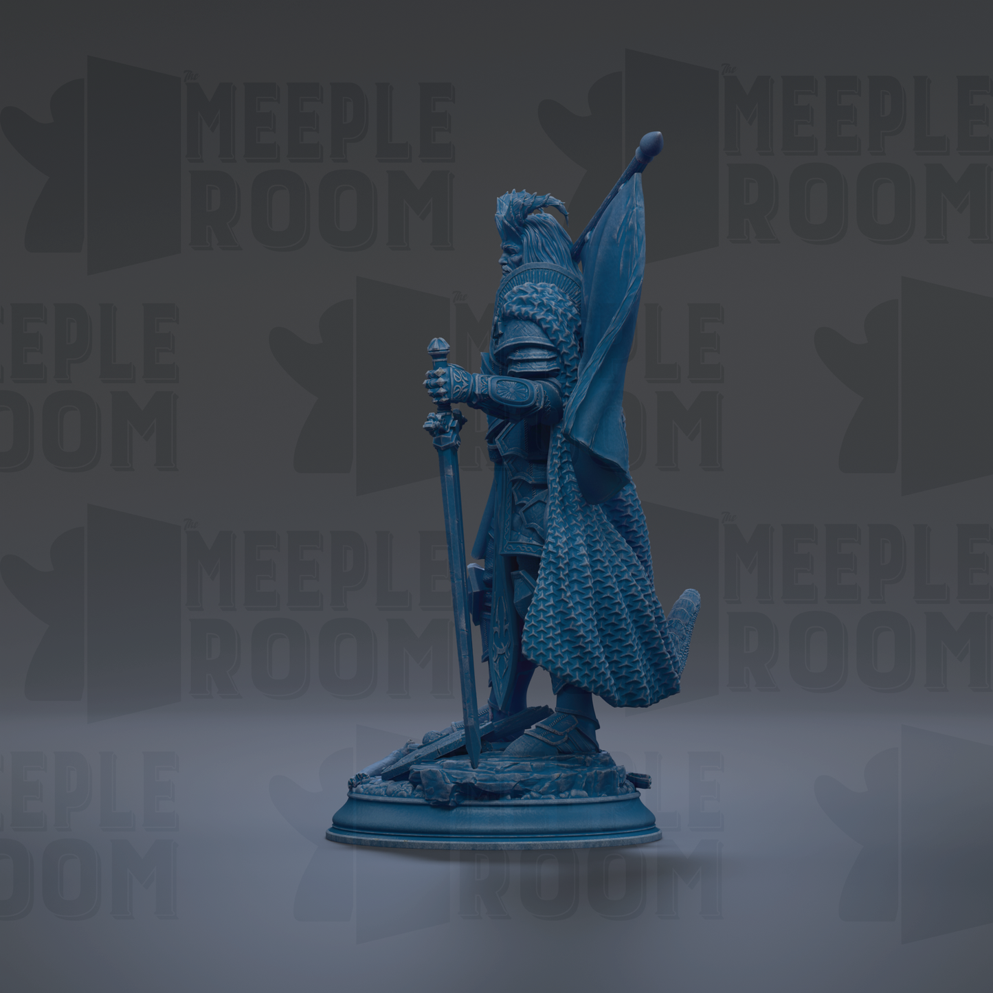 A blue statue of a knight holding a sword and shield stands in the center of the image against a dark background with repeated "MEIPLLE ROOM" text.