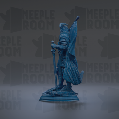 A blue statue of a knight holding a sword and shield stands in the center of the image against a dark background with repeated "MEIPLLE ROOM" text.