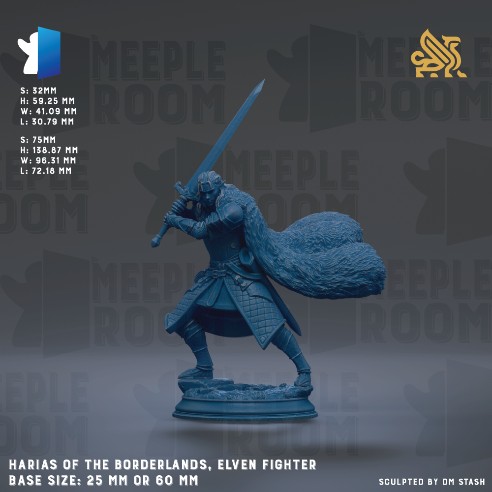 a blue warrior figure with a large sword, standing on a pedestal. The figure is wearing a blue outfit and has a large, fluffy cape. The background is a dark gray color with the text "MEIPLE ROOM" repeated multiple times. The image is described as a "HARIA OF THE BORDERLANDS, ELVEN FIGHTER" and has a base size of either 25mm or 60mm.