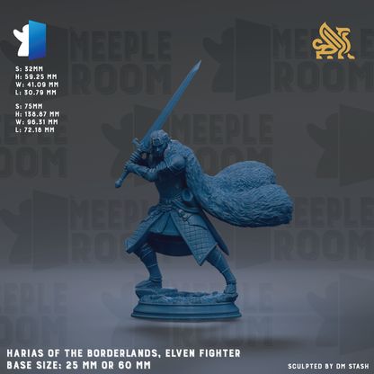 a blue warrior figure with a large sword, standing on a pedestal. The figure is wearing a blue outfit and has a large, fluffy cape. The background is a dark gray color with the text "MEIPLE ROOM" repeated multiple times. The image is described as a "HARIA OF THE BORDERLANDS, ELVEN FIGHTER" and has a base size of either 25mm or 60mm.