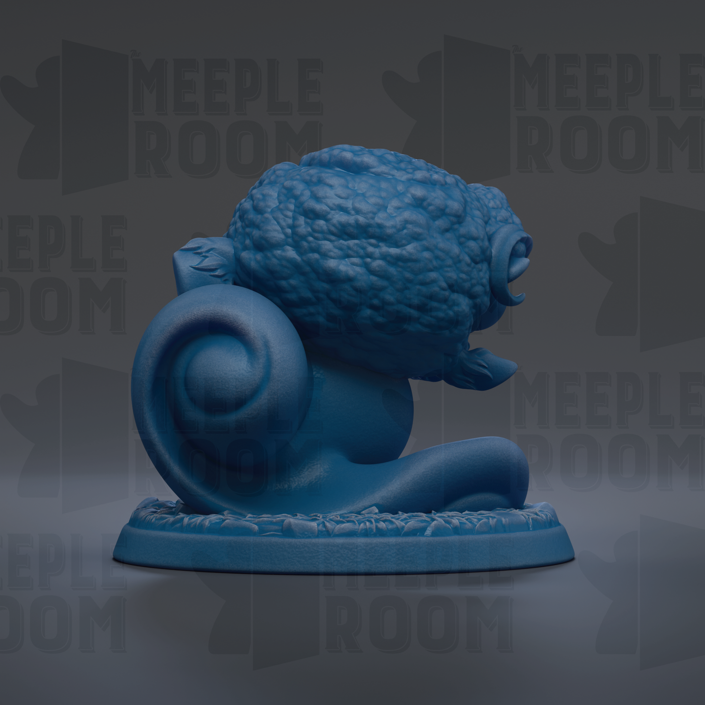 A blue, abstract sculpture resembling a brain or skull, with a textured, organic shape.