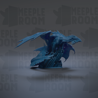 A blue dragon figurine is displayed against a dark background with repeated text.