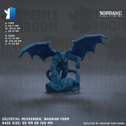 The image is a promotional poster for a celestial messenger, warrior form. It features a detailed 3D rendering of the warrior in a blue color, with wings and a dragon-like creature on its back. The poster provides information about the base size of the warrior form, ranging from 50mm to 100mm. The poster also includes the logo of Sordane Publishing and the name of the warrior form.