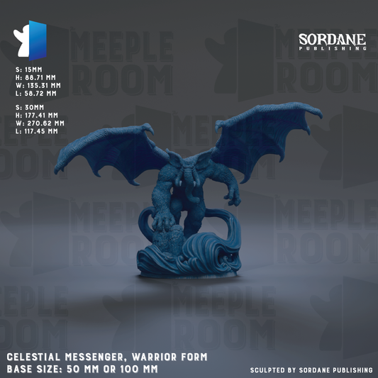 The image is a promotional poster for a celestial messenger, warrior form. It features a detailed 3D rendering of the warrior in a blue color, with wings and a dragon-like creature on its back. The poster provides information about the base size of the warrior form, ranging from 50mm to 100mm. The poster also includes the logo of Sordane Publishing and the name of the warrior form.