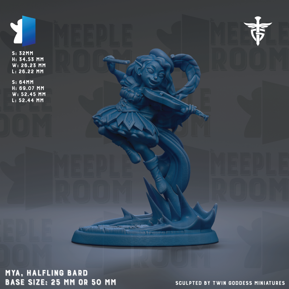 The image is a detailed 3D model of a character, specifically a halfling bard, with a blue color scheme. The character is depicted in a dynamic pose, holding a sword and a shield, and is standing on a platform. The image is described as a base size of 25mm or 50mm, and it is sculpted by Twin Goddess Miniatures.