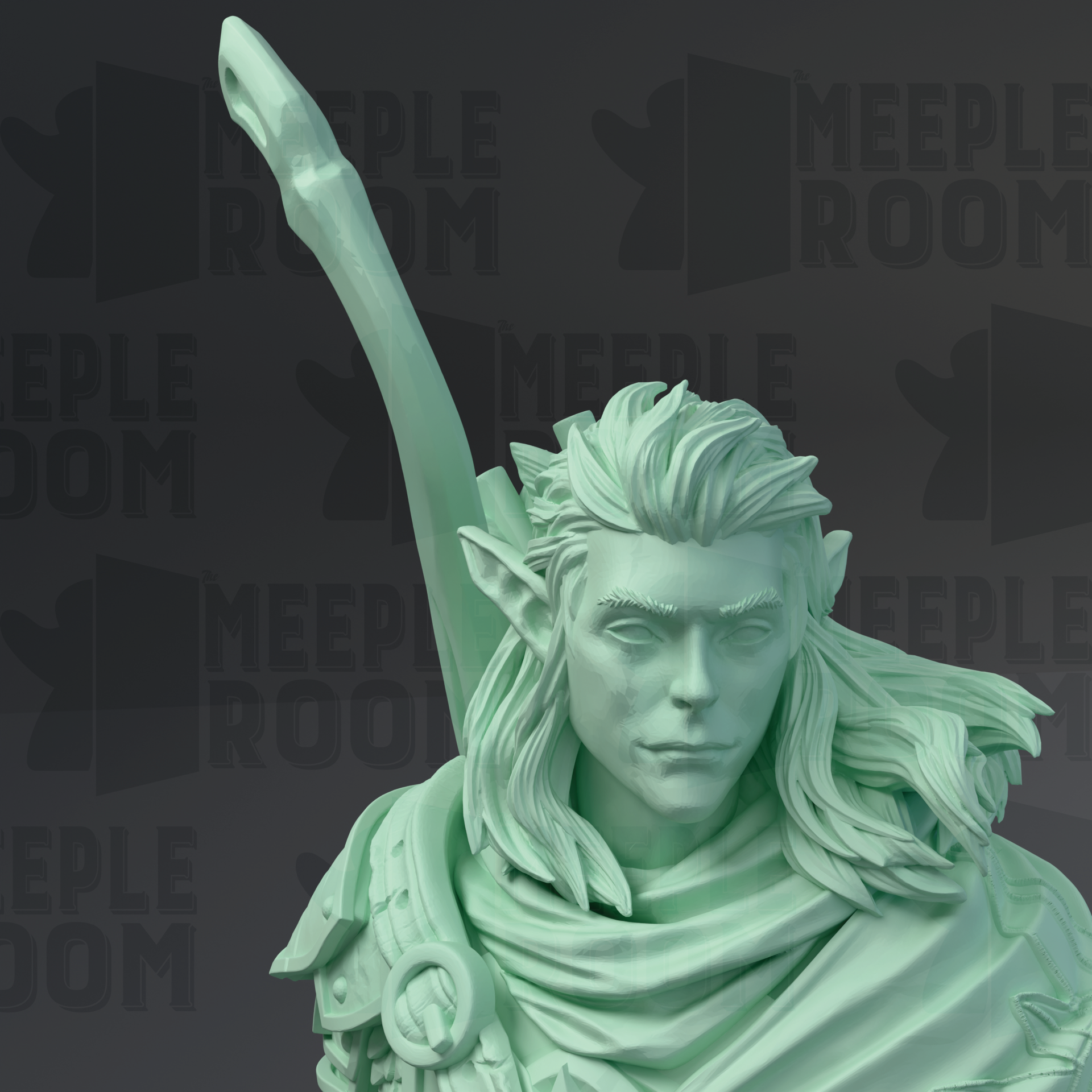 A close-up of a detailed statue of a person with long hair and a serious expression, wearing a cape and holding a staff.