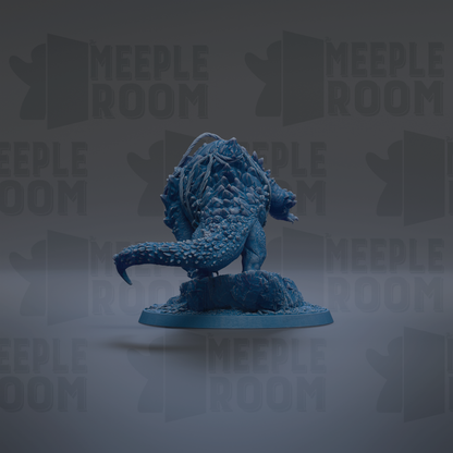 A blue, 3D-rendered dinosaur figurine is displayed against a dark background with repeated "MEUPLE ROOM" text.