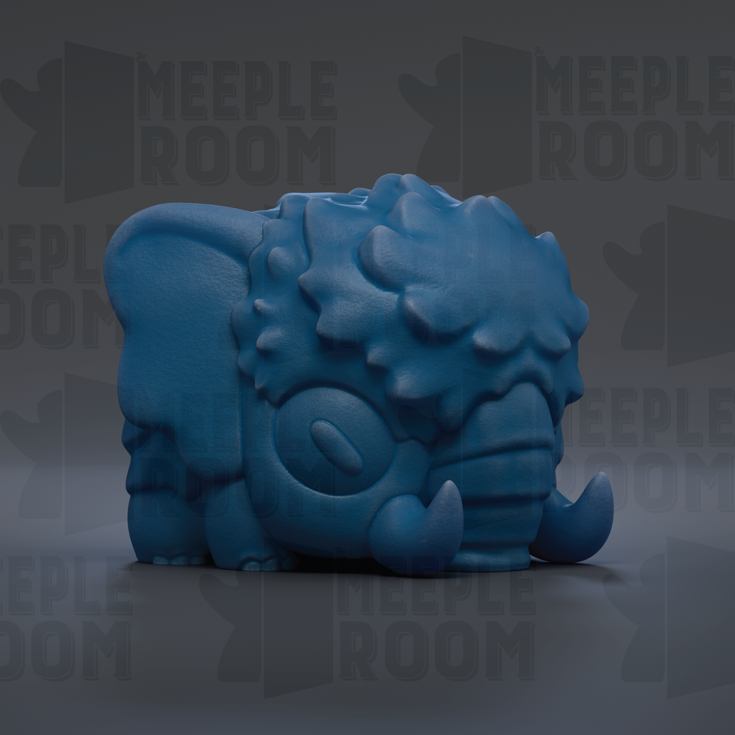 A blue, cartoonish-looking toy or figurine is shown against a dark background with repeated text.