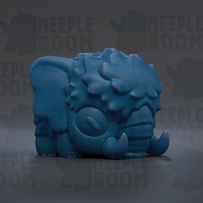 A blue, cartoonish-looking toy or figurine is shown against a dark background with repeated text.