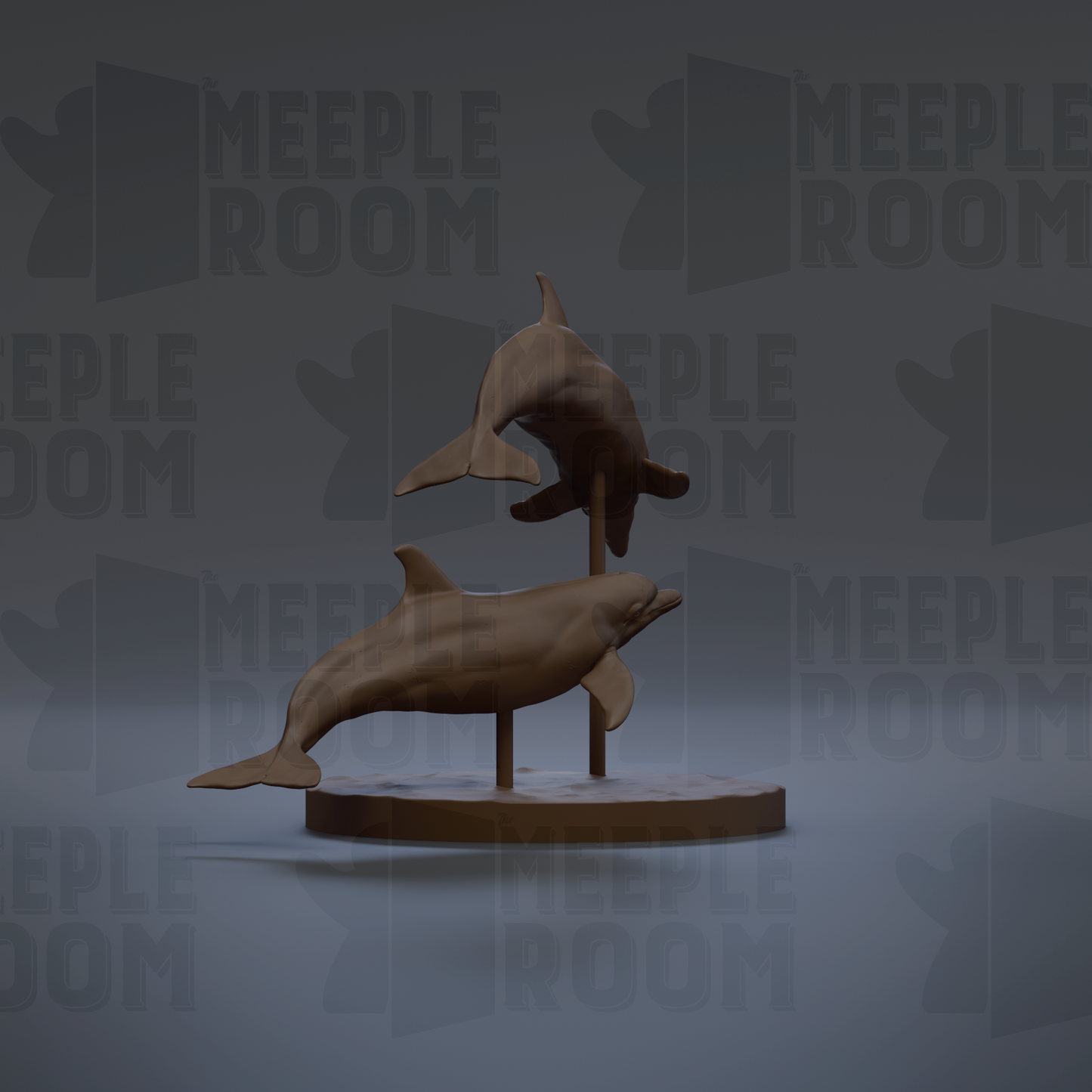 A 3D rendering of a pair of dolphins on a circular base, with the background featuring the text "MEEPLE ROOM" repeated multiple times.
