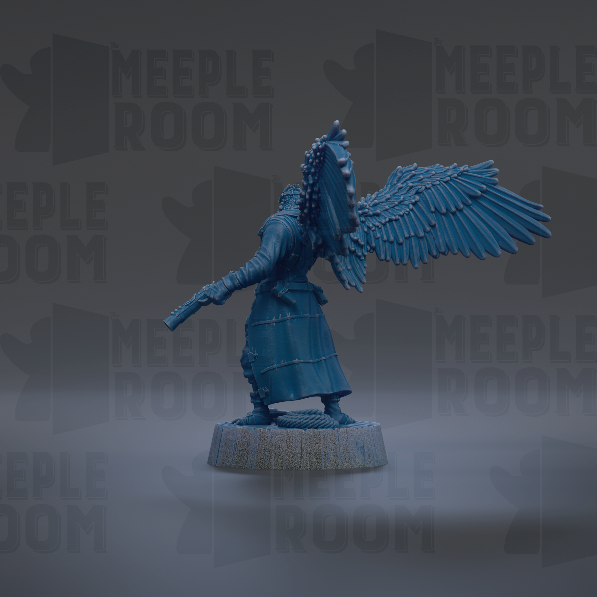A blue figurine with wings and a sword stands on a pedestal against a dark background with repeated text.