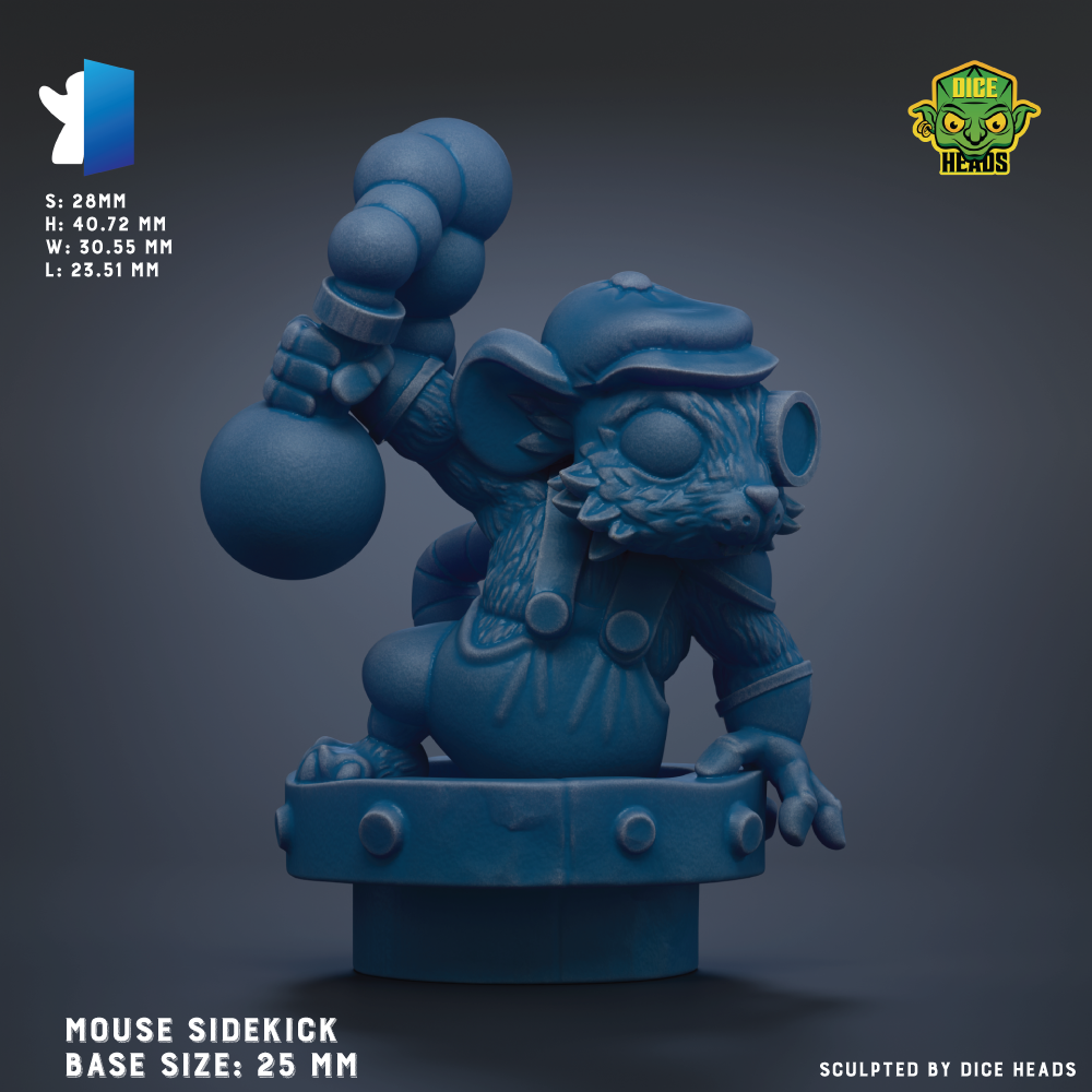 A 3D model of a mouse character with a sidekick, sitting on a base and holding a ball. The image is described as a mouse sidekick base size 25 mm.