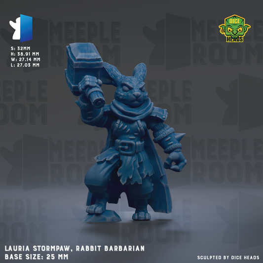 A blue, cartoonish rabbit-like character holding a hammer, with the text "LAURIA STORMPAW, RABBIT BARBARIAN" and "BASE SIZE: 25MM" below it.