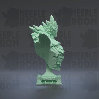 A green, abstract sculpture with a textured, organic shape stands against a dark background with repeated "MEEPLE ROOM" text.