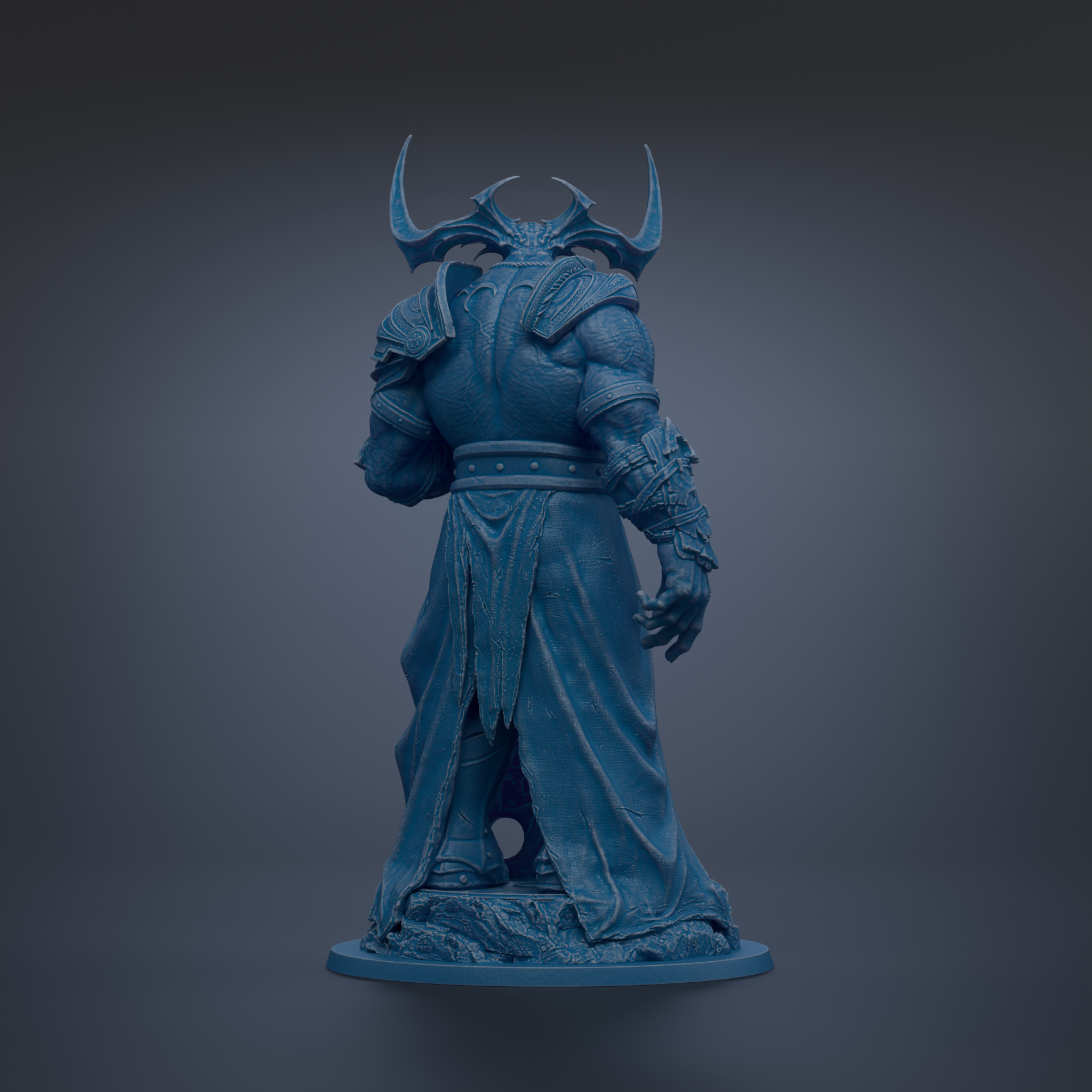 A dark blue, sculpted statue of a fantastical creature with horns and a flowing robe, standing on a pedestal against a dark background.
