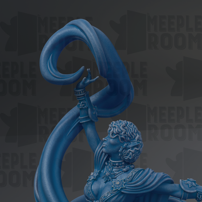 a blue statue of a woman with curly hair and a flowing cape, set against a dark background with repeated text.