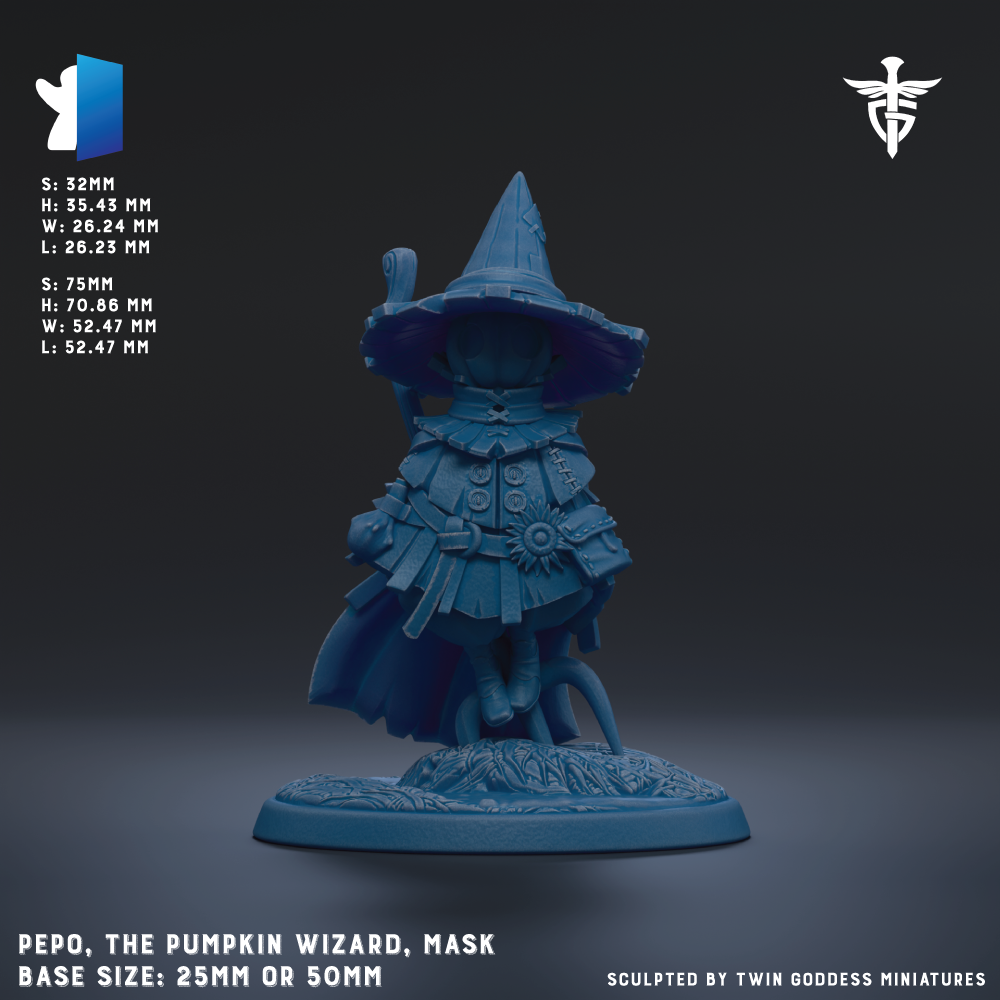 The image is a 3D rendering of a pumpkin wizard statue, with the base size being either 25mm or 50mm. The statue is depicted in a whimsical and fantastical manner, wearing a pointed hat and a flowing cape. The image does not contain any text, and the focus is on the detailed sculpture of the pumpkin wizard.