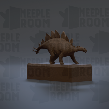 A 3D rendering of a dinosaur statue on a platform, with the text "MEEPLE ROOM" repeated in the background.