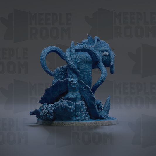 A blue, 3D-rendered sculpture of a fantastical creature with long, curved body and tentacles, set against a dark background with repeated text.