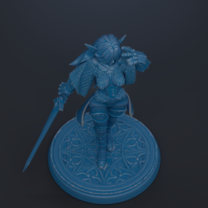 A blue 3D model of a female warrior figure, wearing a chainmail outfit and wielding a sword, standing on a circular base with an intricate design.