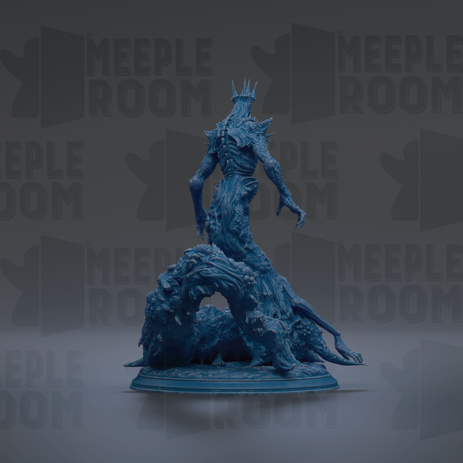 A blue, fantastical creature with a crown-like head and sharp teeth is depicted in the center of the image, surrounded by a dark, textured background.