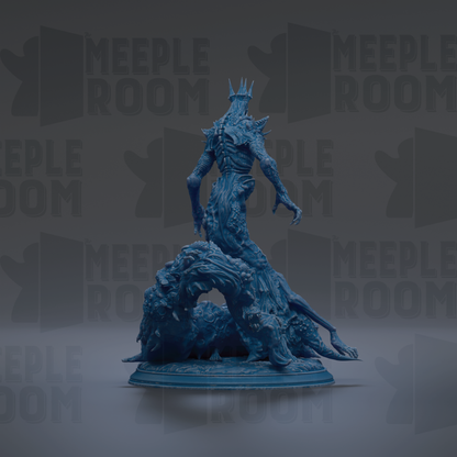 A blue, fantastical creature with a crown-like head and sharp teeth is depicted in the center of the image, surrounded by a dark, textured background.