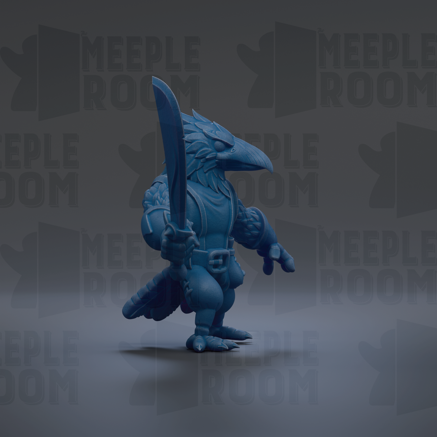 A blue, winged creature holding a sword stands in the center of the image against a dark background with repeated "MEIPLLE ROOM" text.