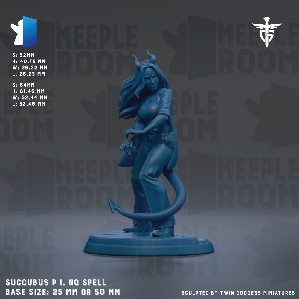 The image is a 3D model of a female character with horns, depicted in a blue color. The character appears to be a female model, possibly a deity or a fantasy figure. The image is described as a "meeple room" and is shown in a base size of 25mm or 50mm. The character is shown in a dynamic pose, with her hair blowing in the wind. The image is a 3D rendering of a female model, and it is not a collage of multiple images. The image is described as being sculpted by "Twin goddess miniatures".