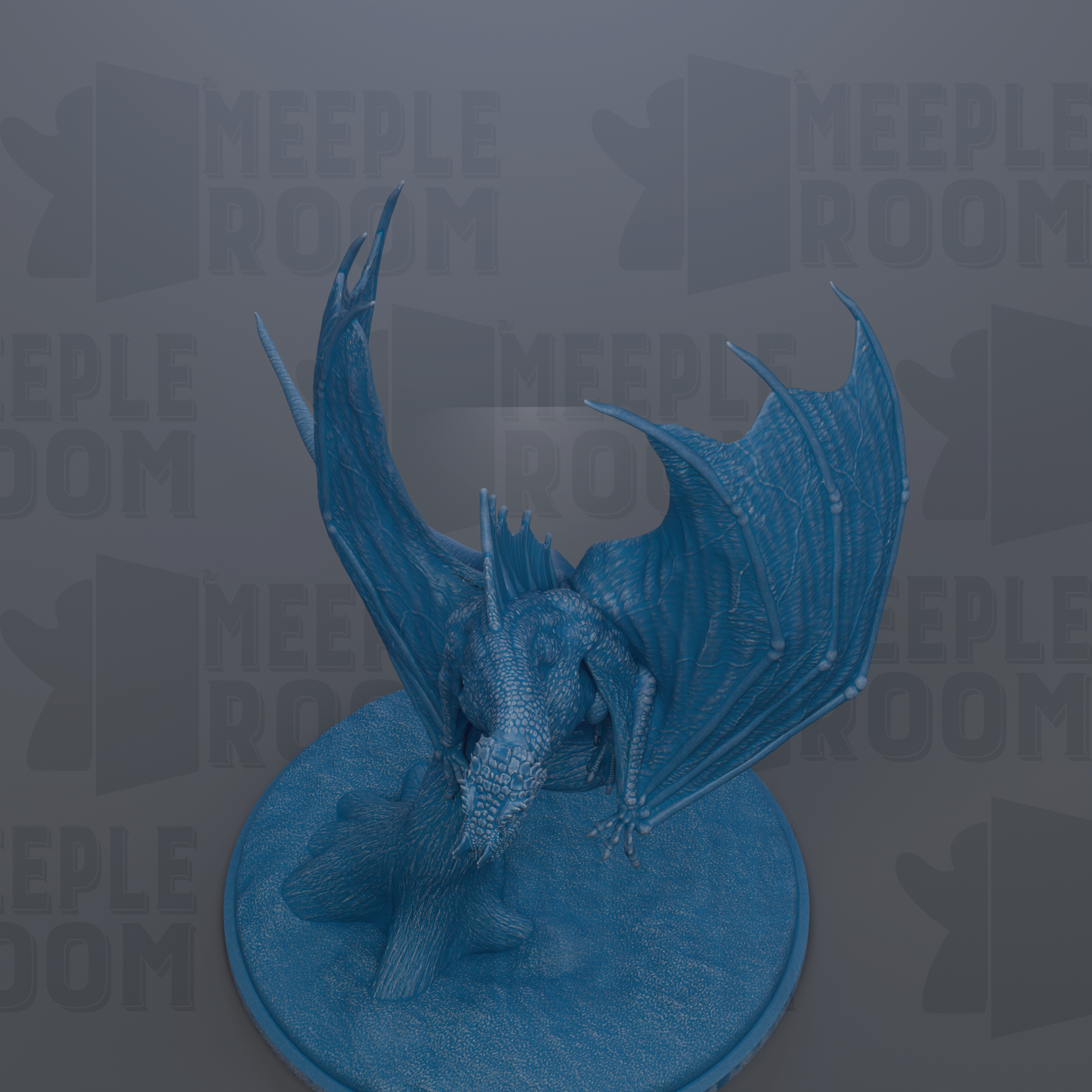 A blue dragon figurine with outstretched wings is displayed on a circular base against a dark background with repeated text.