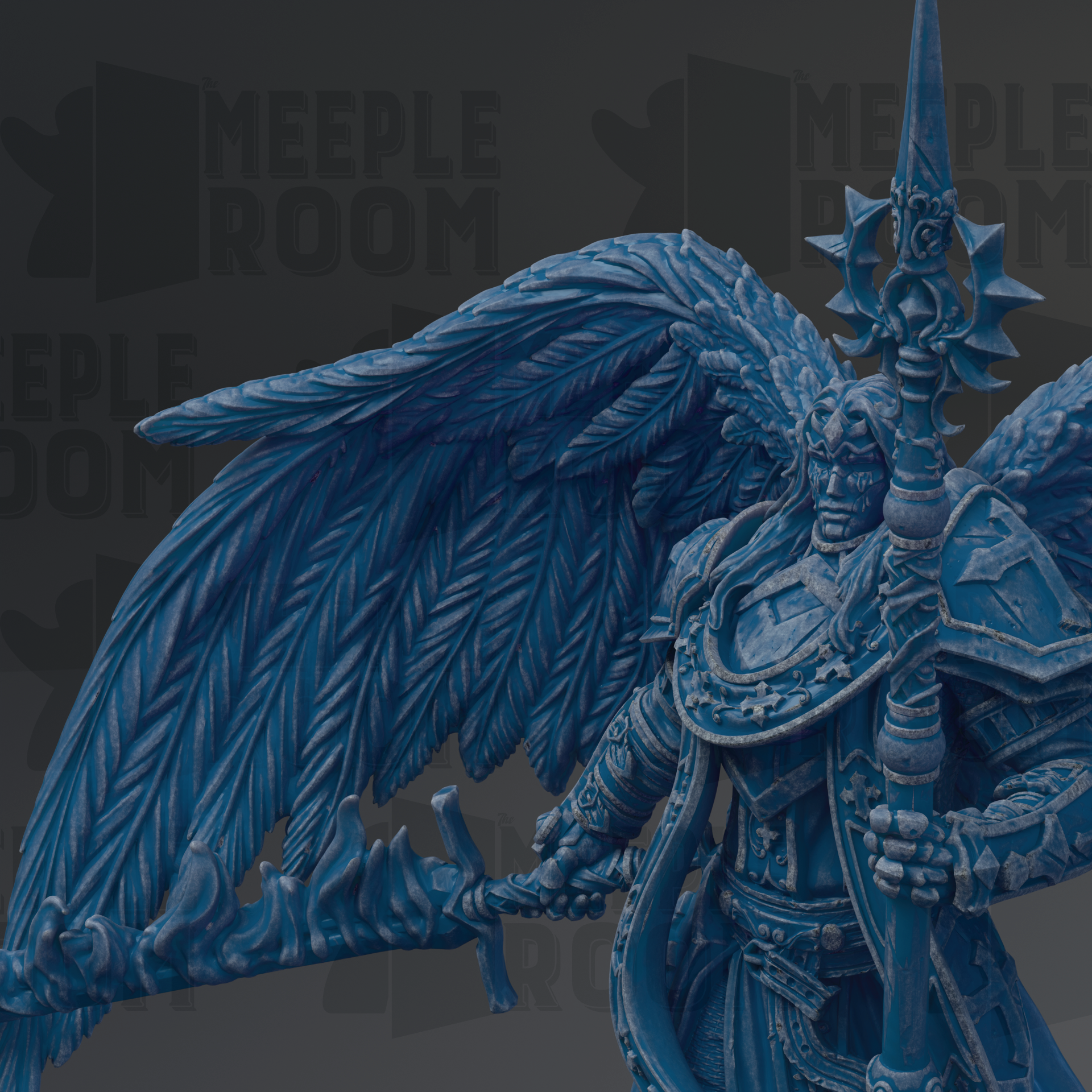 A detailed 3D rendering of a winged warrior figure, with intricate details and a blue color scheme.