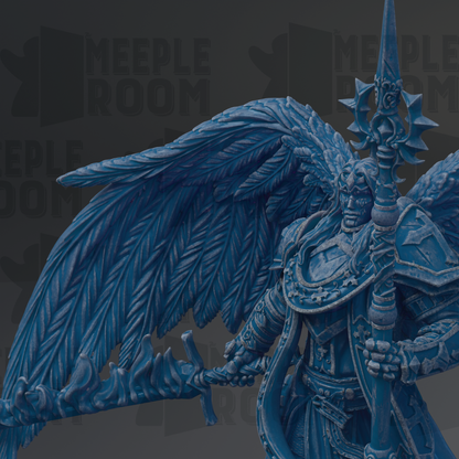 A detailed 3D rendering of a winged warrior figure, with intricate details and a blue color scheme.