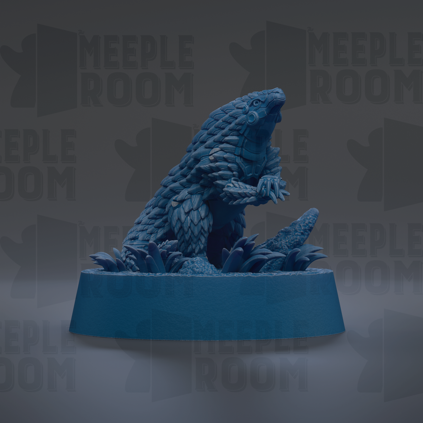 A blue, 3D-rendered sculpture of a creature resembling a pangolin, a type of armored lizard, is displayed on a blue base against a dark background.