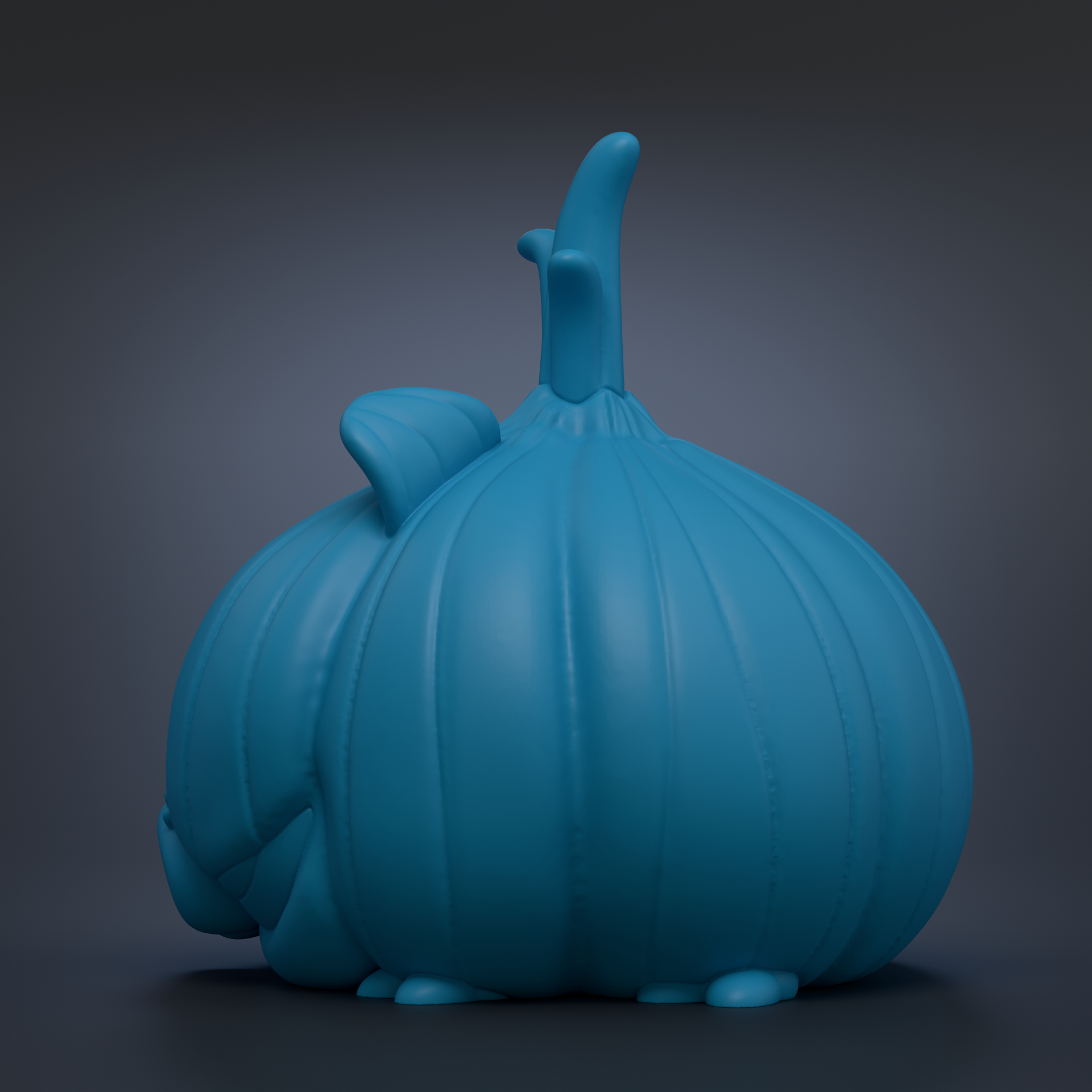 A blue, 3D-rendered object resembling a small, round, and elongated vegetable or fruit with a pointed top.