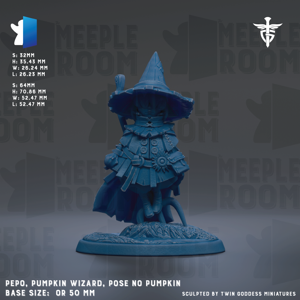 The image is a detailed model of a pumpkin wizard, a character from the video game Meeple Room. The pumpkin wizard is shown in a pose with a staff, standing on a base that is either 50 mm or 5.5 mm in size. The image is a sculpture, and it is a part of the Meeple Room series.